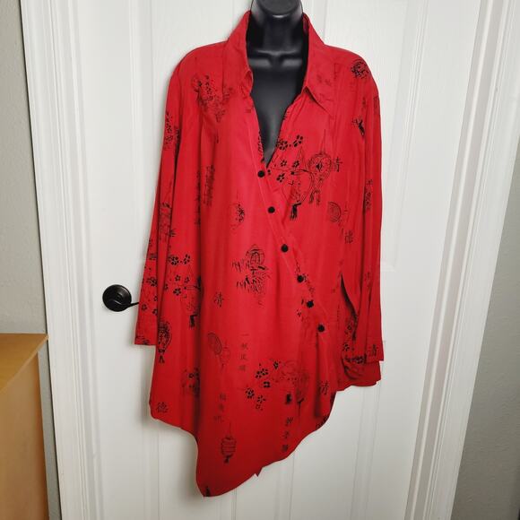 Soft Surroundings Tops - Soft Surroundings Top 3X Red Blouse Wrap Asian Han Character Ball Knot Button